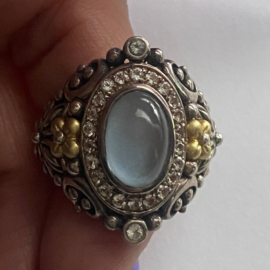 Barbara Bixby Sterling Silver 18k Blue Topaz Cabochon Shangri-La Ring Size 10 220$